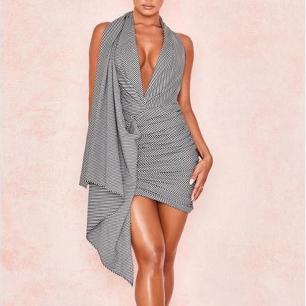 House of CB Black & White Checkered Draped Mini Halter Dress